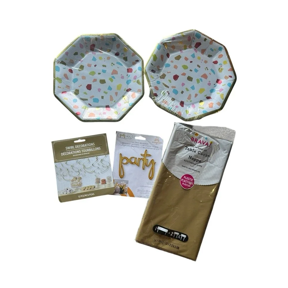 Party Supplies Bundle Rainbow Confetti Terrazzo Plates Gold Tablecloth & Decor